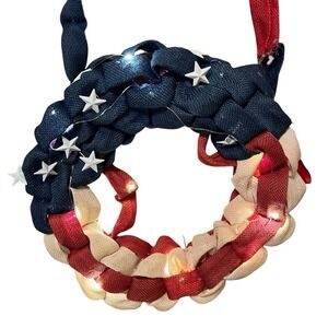 Stars and Stripes 16" Burlap Wreath Red White Blue Light Up Patriotic USA
